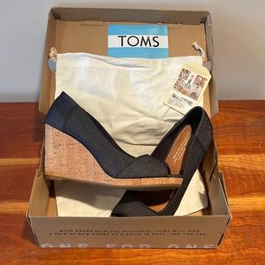 Toms, Stella black denim, cork wedge heel, size 9